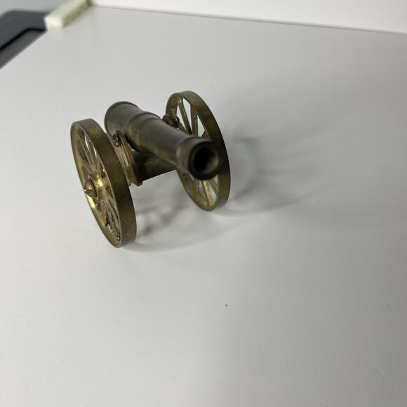Vintage Miniature Brass Cannon Swivels Up & Down Rolling Wheels Flat ~5 Inches - Picture 7 of 11